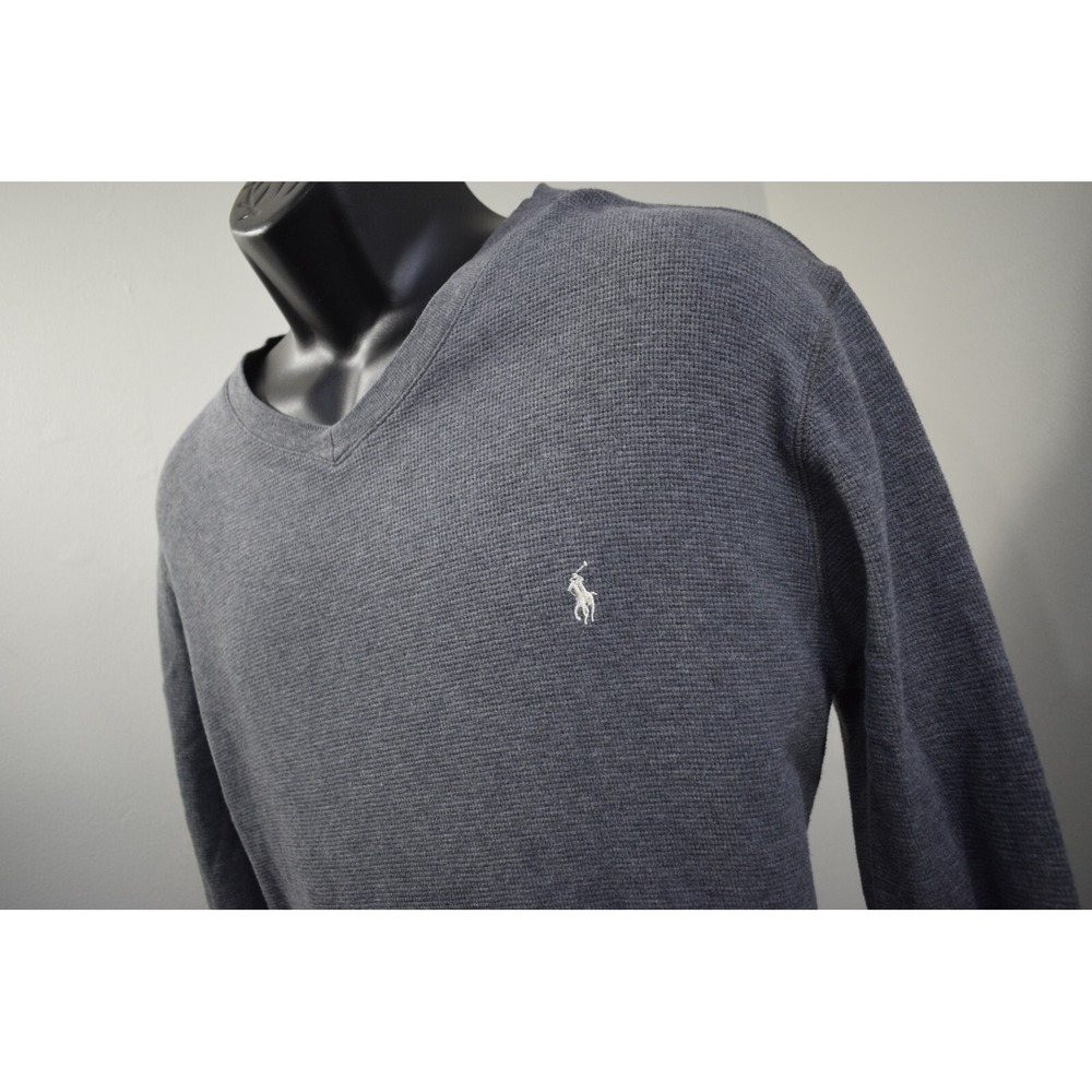 Polo Ralph Lauren V-Neck Thermal Sweatshirt Gray Long Sleeve Pullover Men Medium